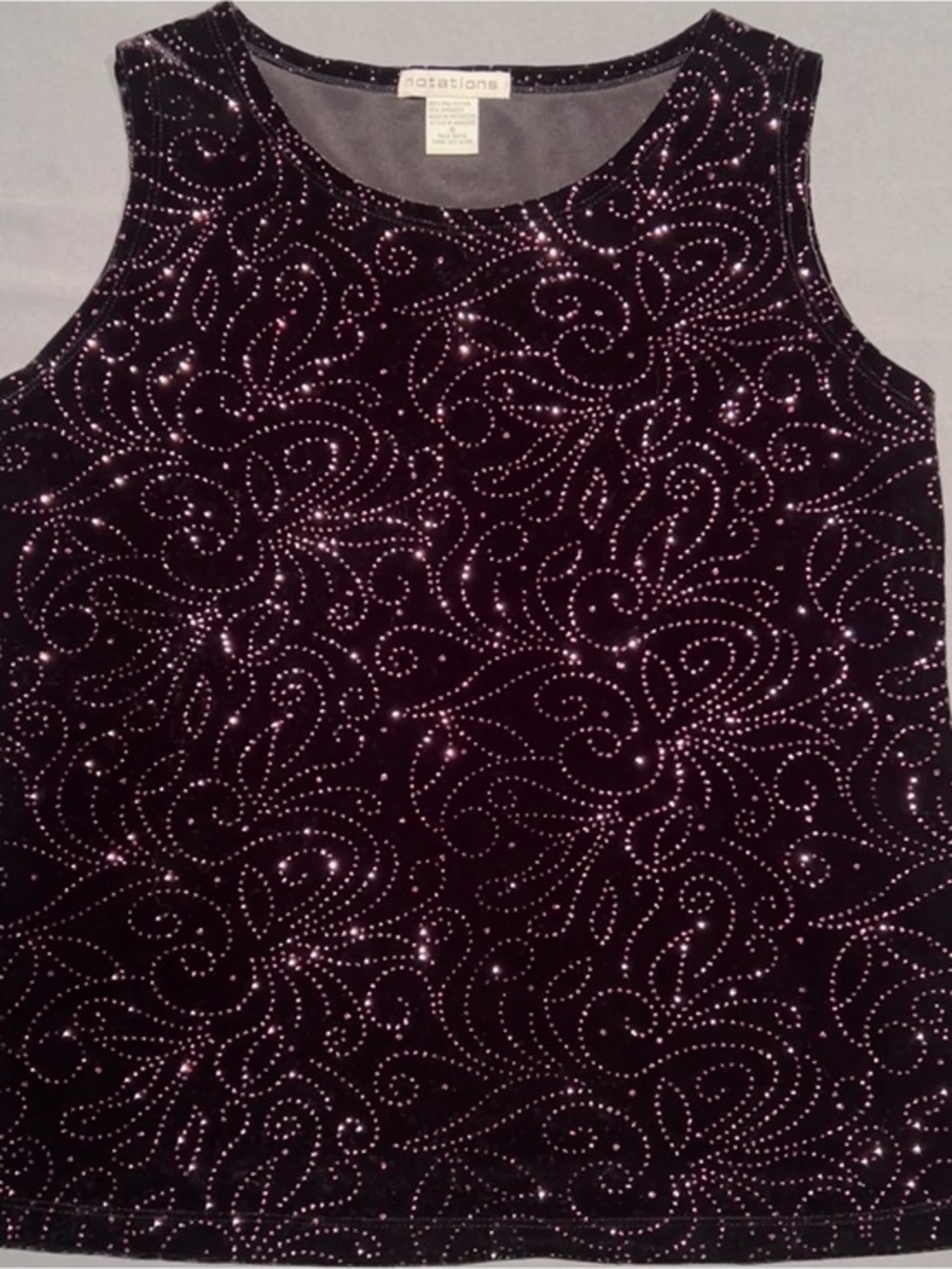 Vintage Notions Black Velvet Tank Top with Purple Glitter Detail